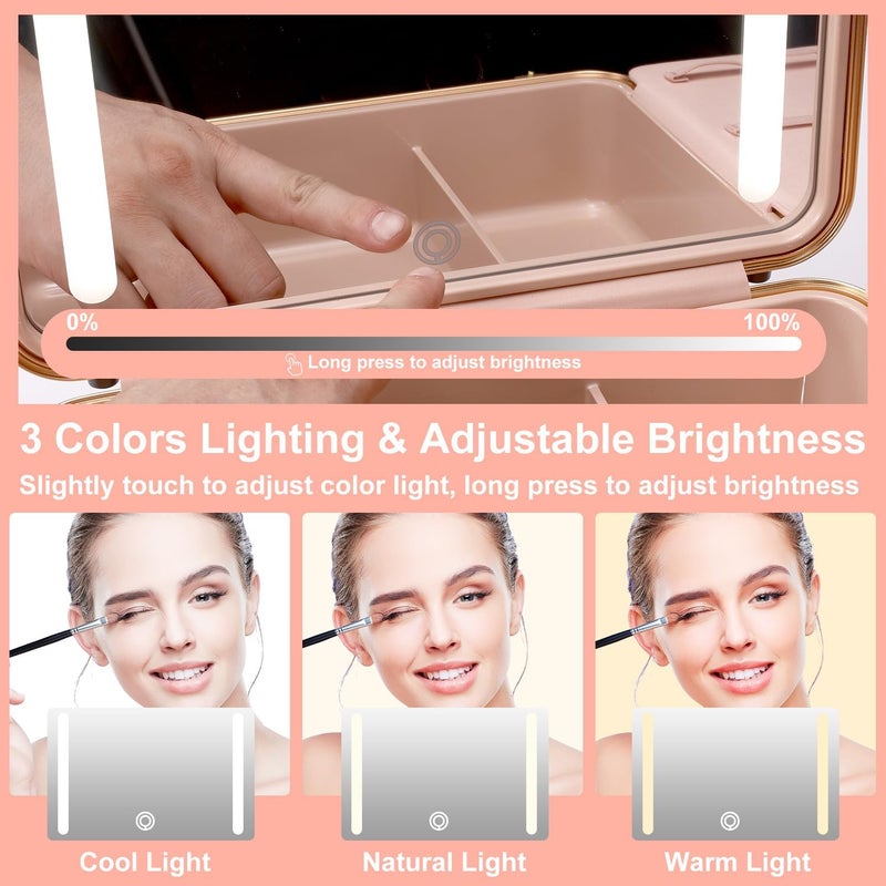 Mocado Travel Makeup Case with Lighted Mirror, 8 Makeup Brushes & 10x Magnifying Mirror, Adjustable Brightness Train Case (Pink) - Image 3